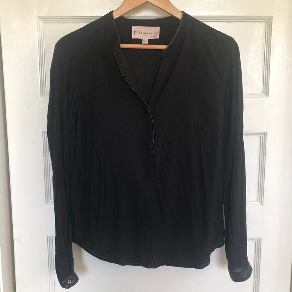 Philosophy Black Sheer Faux Leather Trim Blouse Large Long Sleeve Minimalist - Picture 1 of 10